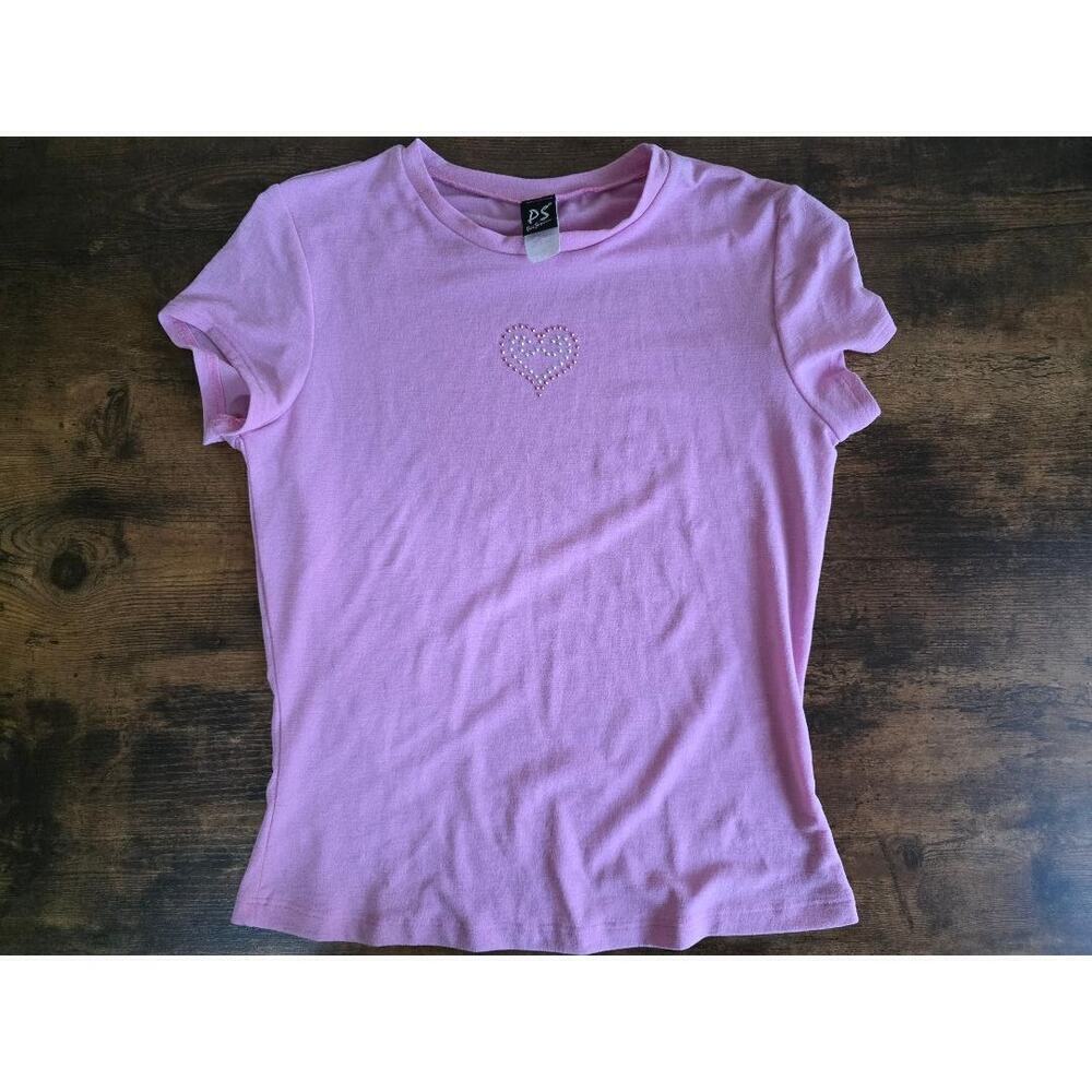 PS Pink Crystal Heart Tee Top — Y2K Sparkle Heart Graphic — Made in USA — Size S